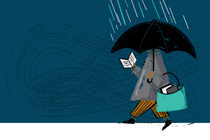 illustration of person holding umbrella and reading during a rainstorm. The person's face is blocked out by umbrella.