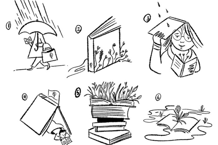 Sketch concepts for Athabasca University Press graphics: reading in the rain; book covered in natural overgrowth; child using book as umbrella; child reading in tent; plants sprouting from open book; book floating downstream